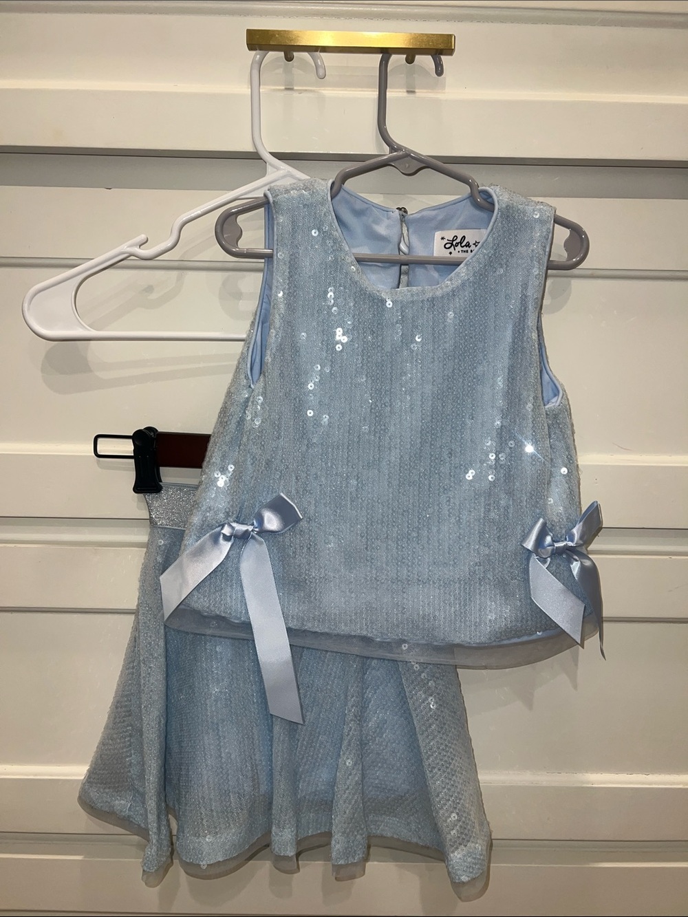 Lola + The Boys. Light Blue Sequin Girls' Skort Set with Bow Detail